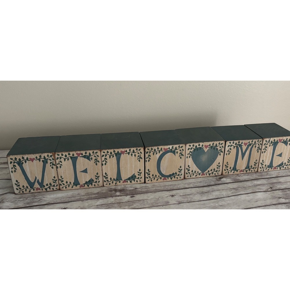 Rustic Wooden Welcome Blocks Hand Painted Farmhouse Entryway Decor Set of 7